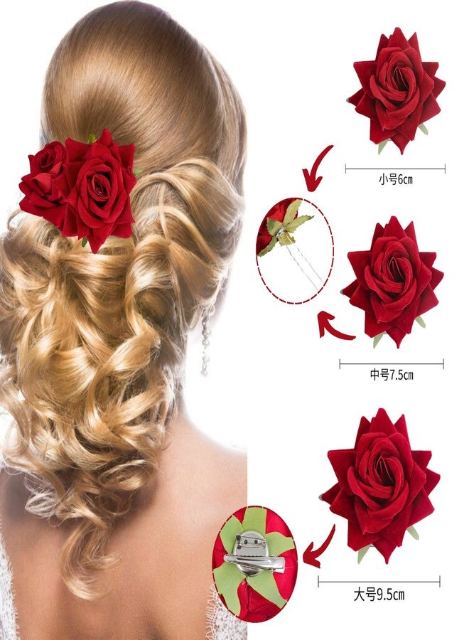 ASTRYAS 4 Pieces Red Rose Flower Hair Clip Bridal Hair Pins Rose Brooch Mexican Flower Hair Accessories for Party Wedding Flamenco Dancer, Christmas Gift for Women - Image 3